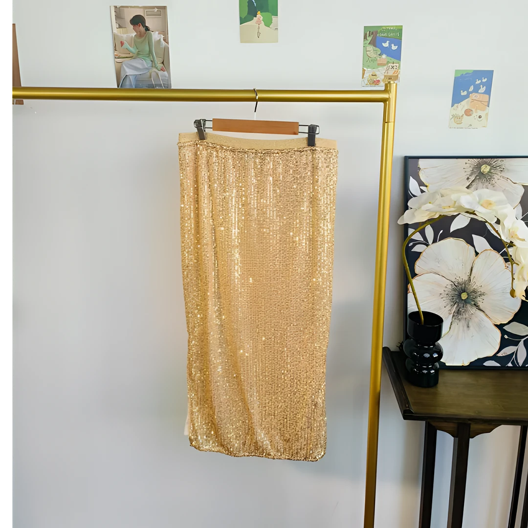 欧美风新款纯色亮片开叉一步高腰半身裙女款夏季2916