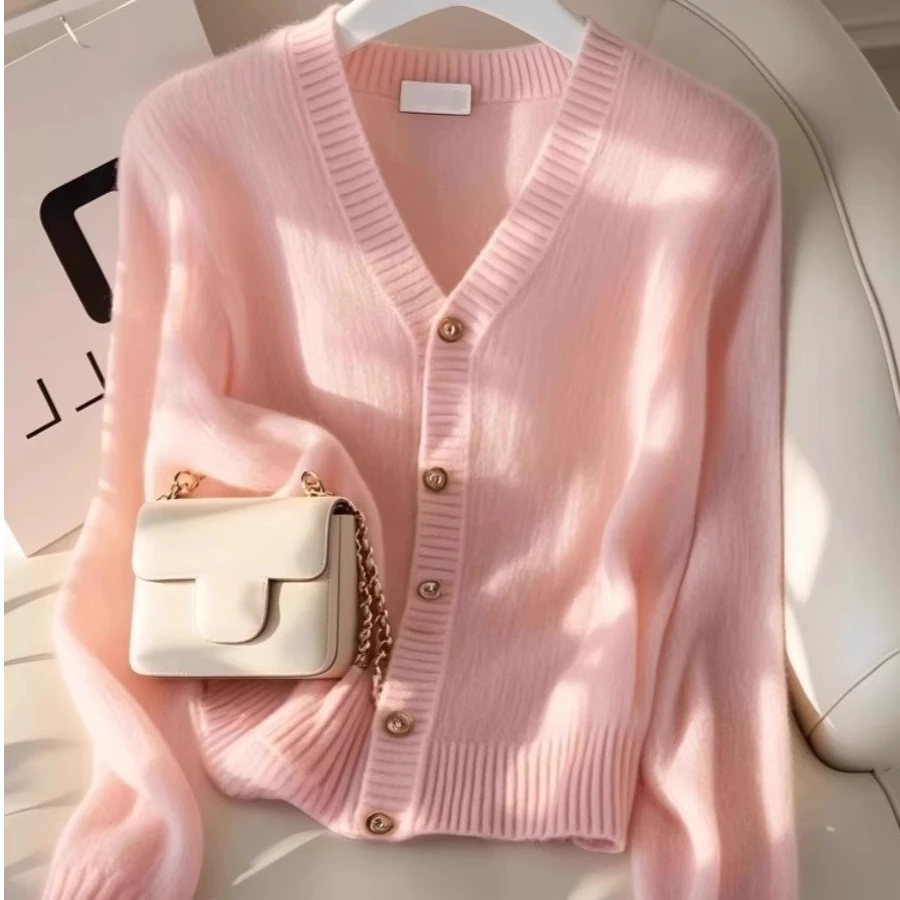 2025早春季新款小香风高级感绝美粉色V领软糯长袖百搭针织衫女装