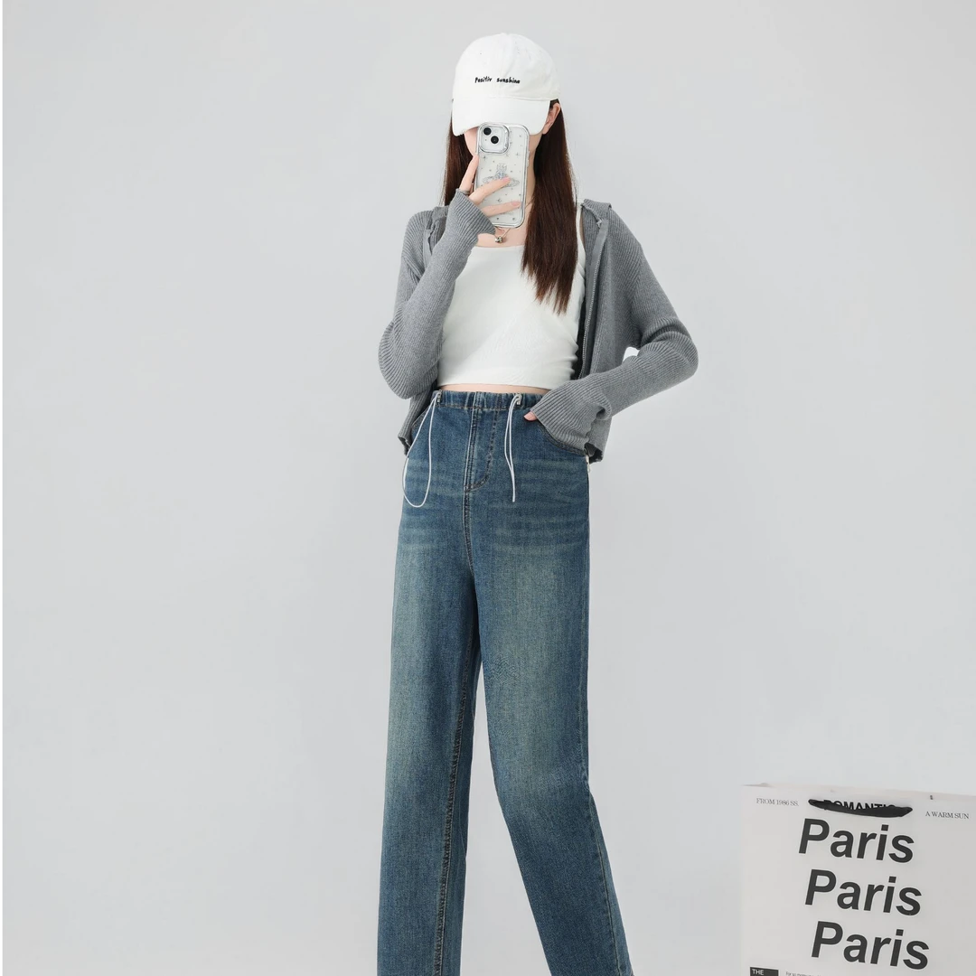 孕妇牛仔裤春秋外穿2025新款春装无托腹抽绳直筒阔腿裤有口袋