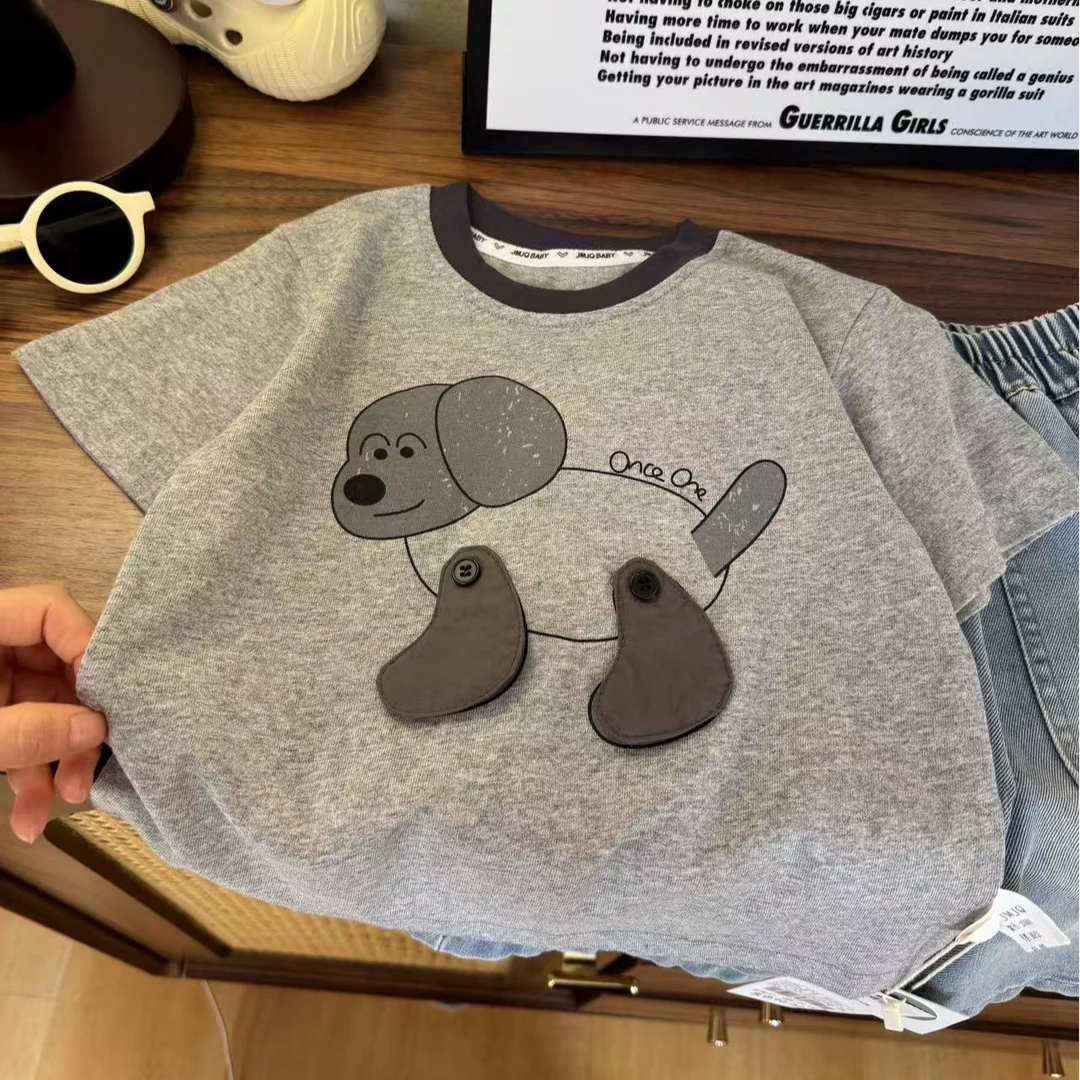 YM【JMJQ 25501】夏季新款儿童街潮卡通立体印花小狗套头宽松短袖