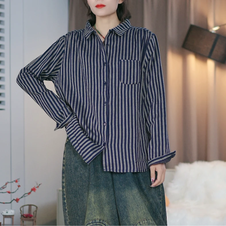 新款文艺竖条纹长袖衬衫女上衣S0003