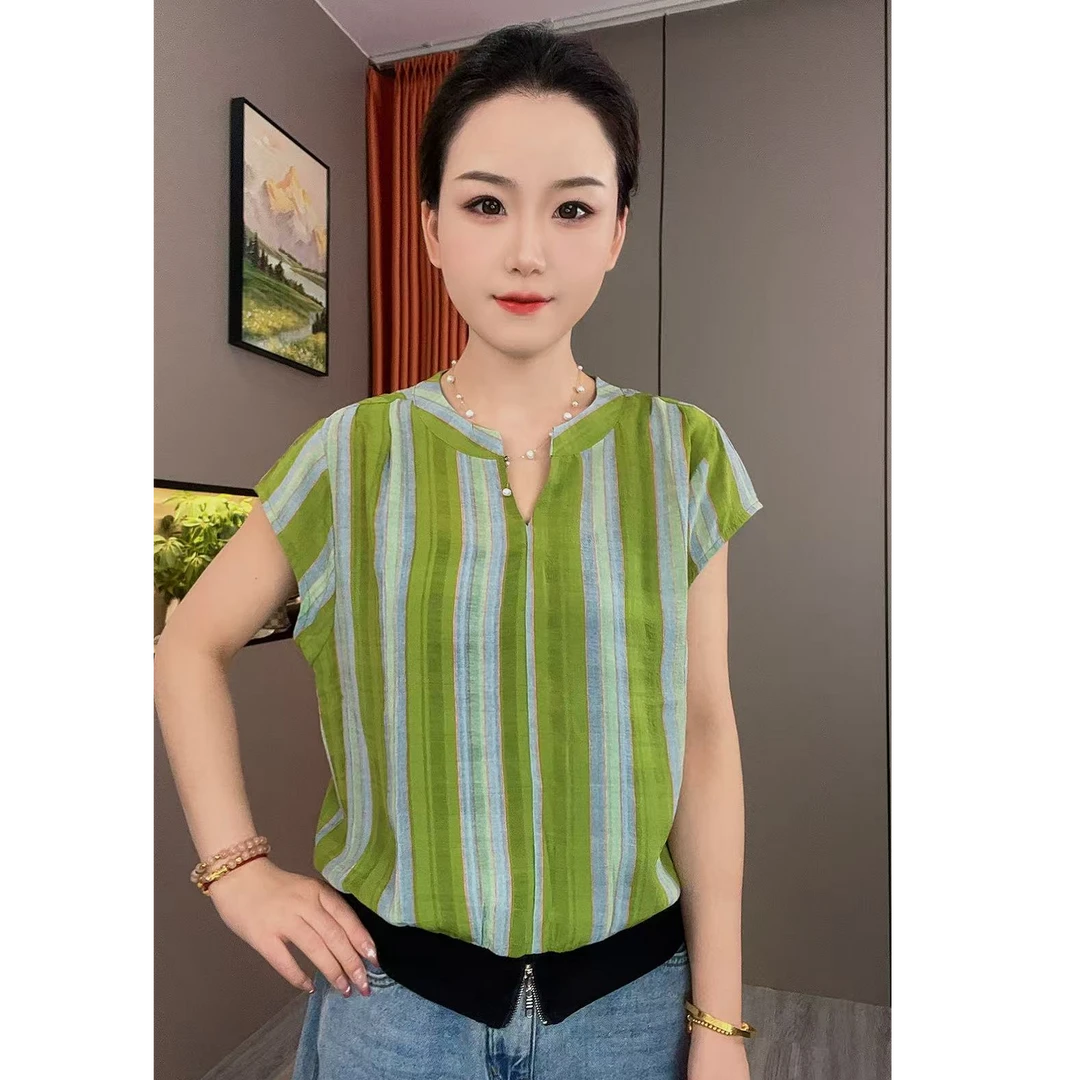 时尚洋气半开领百搭条纹T恤减龄拉链精致女上衣-2350