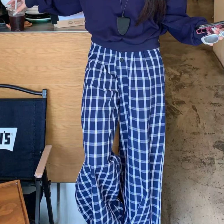 【回归舒适】复古格纹阔腿休闲酷女夏秋季薄款慵懒风高腰裤