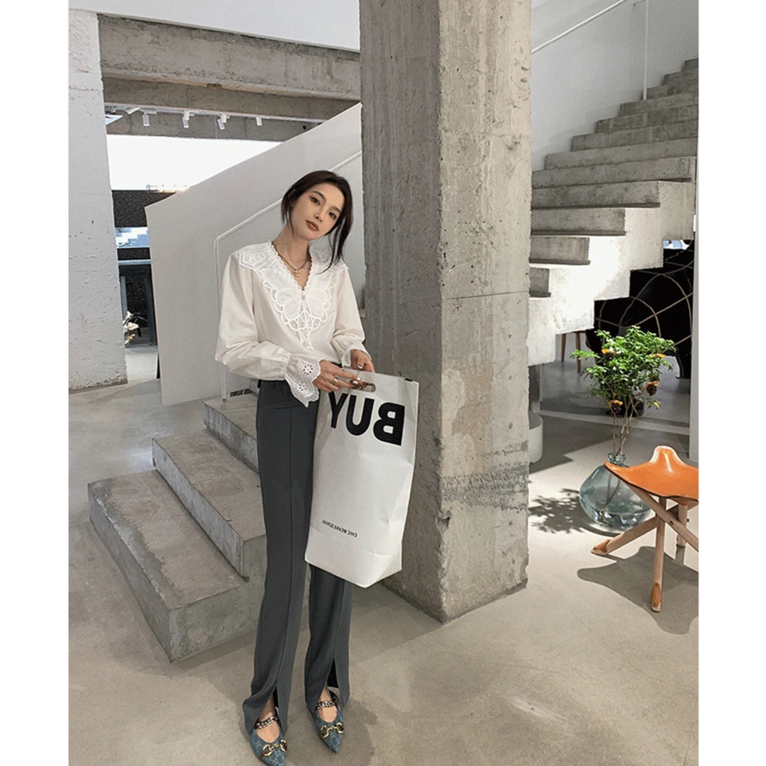 801#西装裤垂感高级开叉高腰显瘦直筒阔腿裤女春夏季休闲长裤