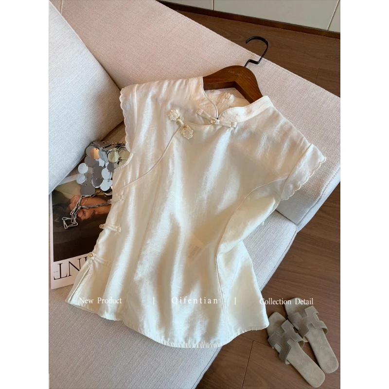 新中式暗纹提花盘扣无袖衬衫女夏新款高级感收腰显瘦气质国风上衣