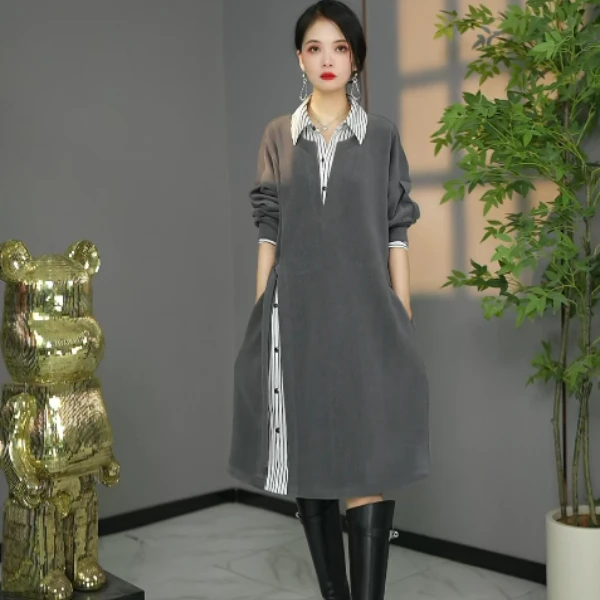 原创设计师款高货秋冬欧版洋气加厚衬衣裙遮肉显瘦连衣裙打底裙