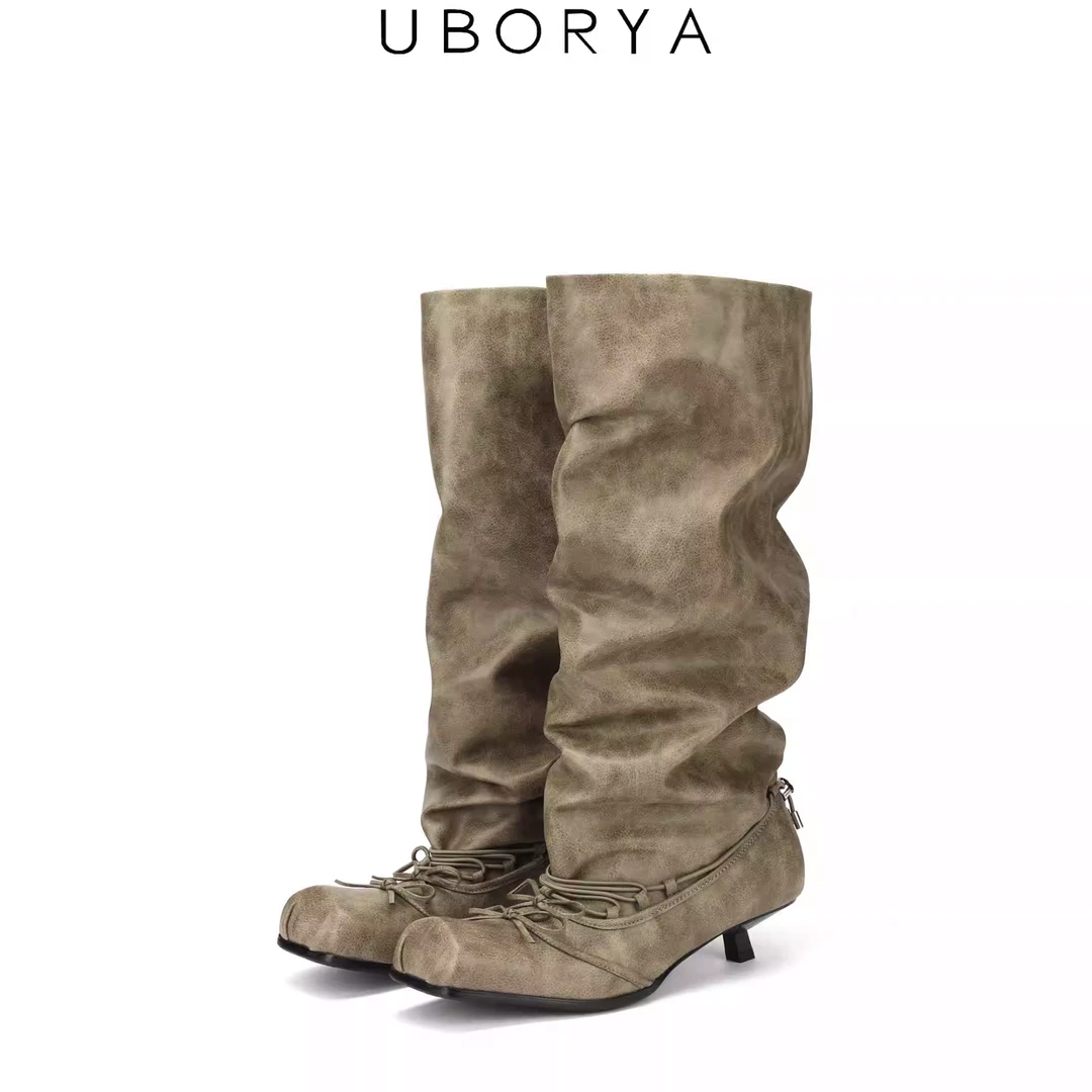 年终大促UBORYA设计师原创方头真皮带复古女低跟舒适绑带芭长筒靴