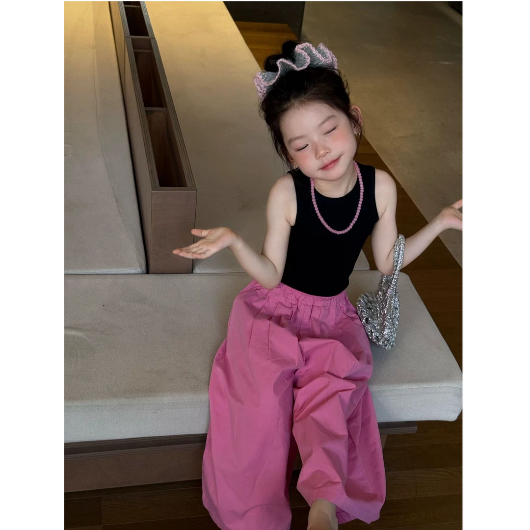 小惜亦2025女童夏装套装黑色背心粉色阔腿裤小女孩洋气韩范衣服