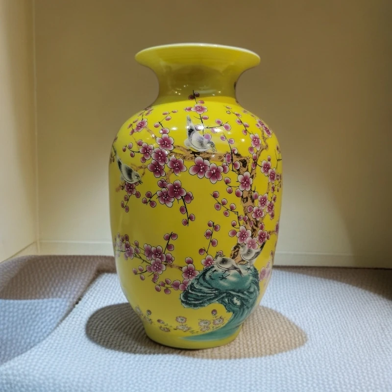 （高22cm）景德镇陶瓷花瓶釉上彩黄底喜上眉梢冬瓜瓶桌面装饰品摆件