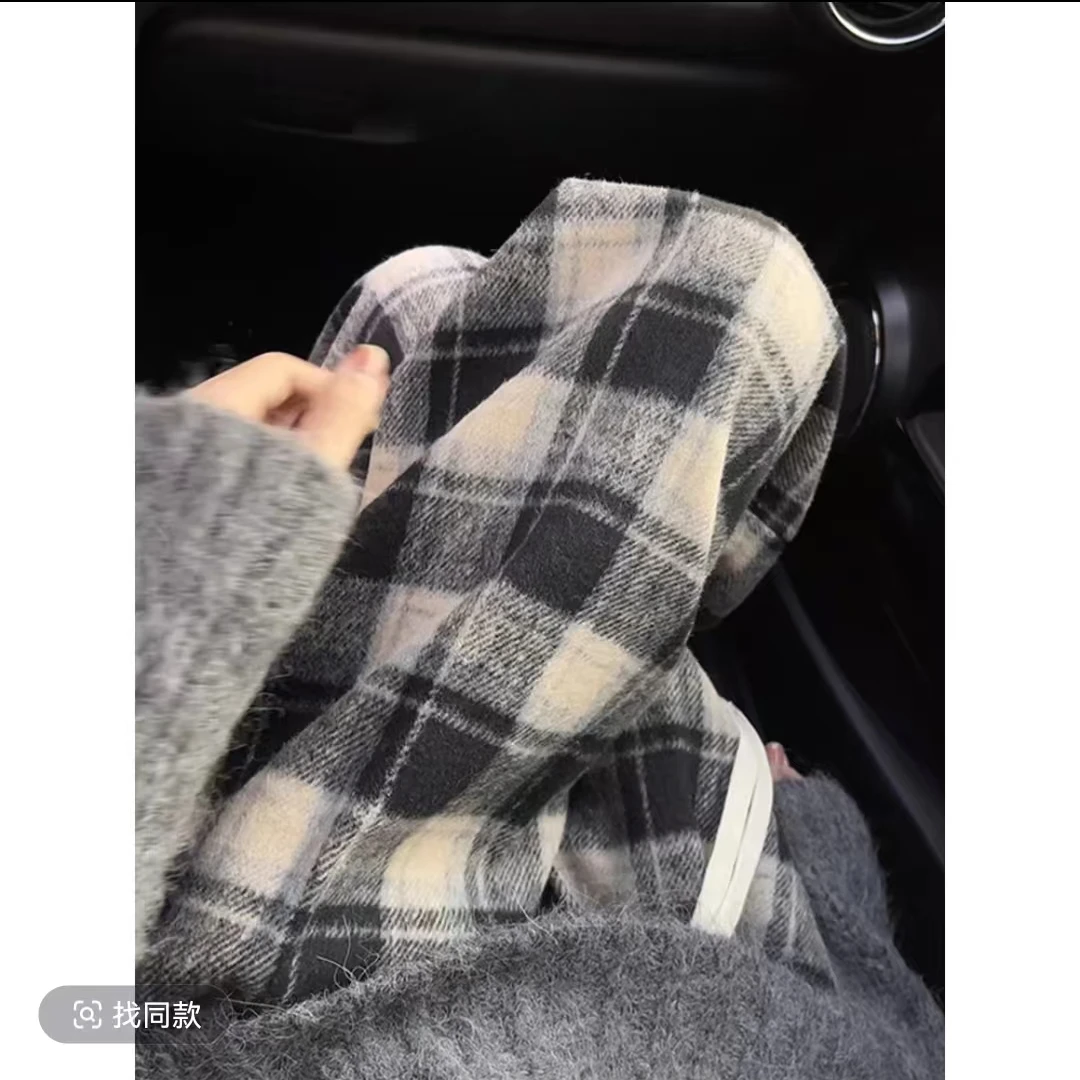 2024冬季新款显瘦复古黑白毛呢格子加绒厚直筒阔腿软糯舒适老爹裤