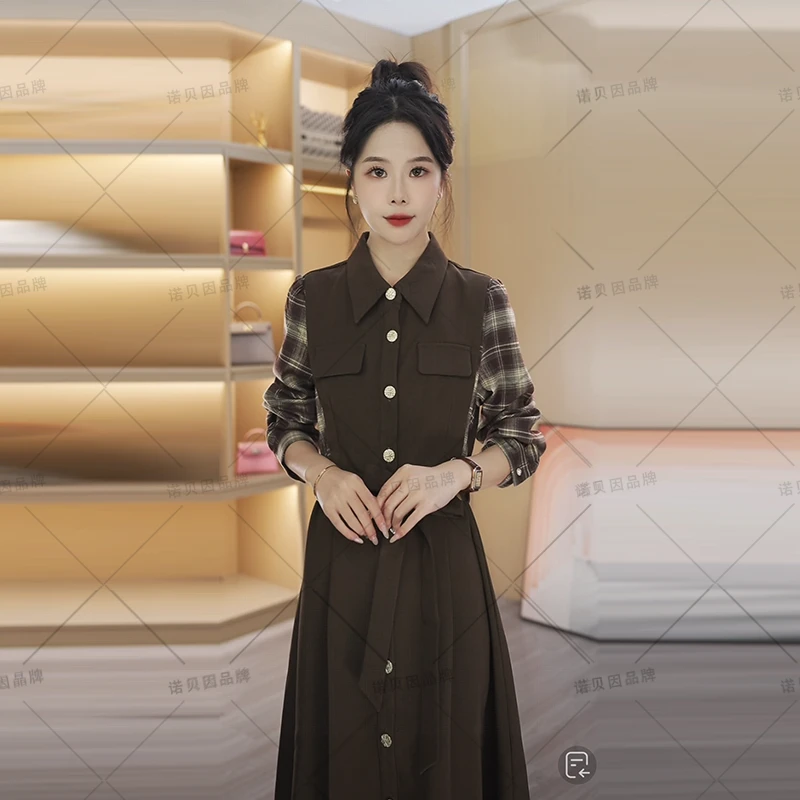 nuobeiyin/诺贝因秋季新款格子拼接休闲气质翻领连衣裙NTS683032