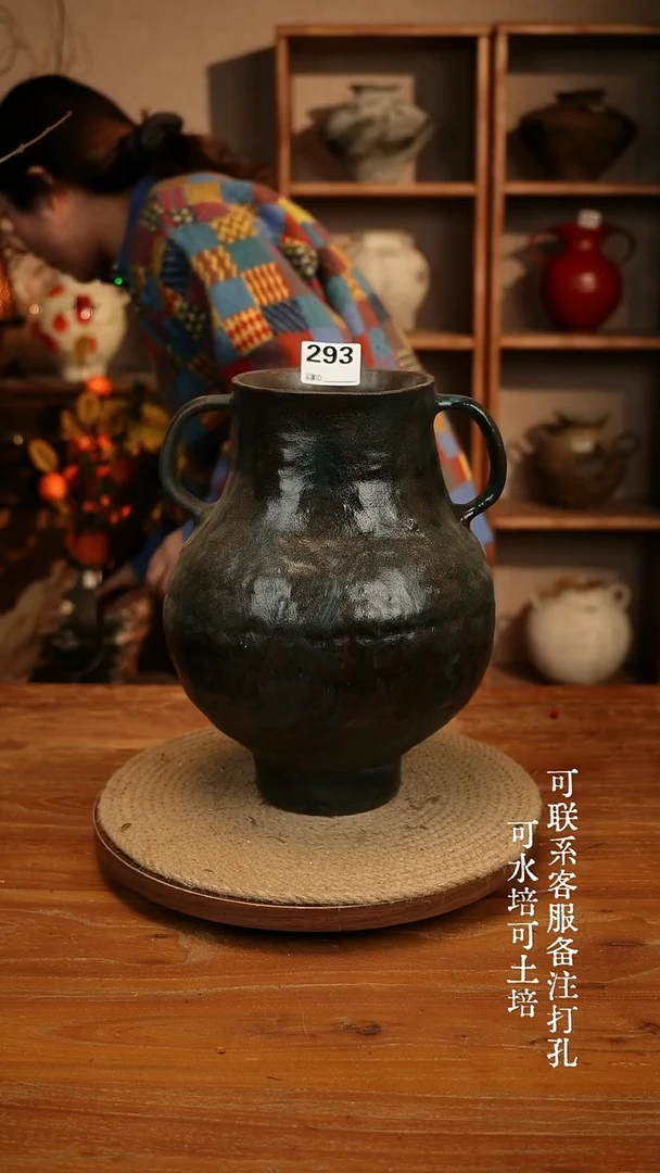 陶瓷293蓝色双耳大肚瓶可水培可土培