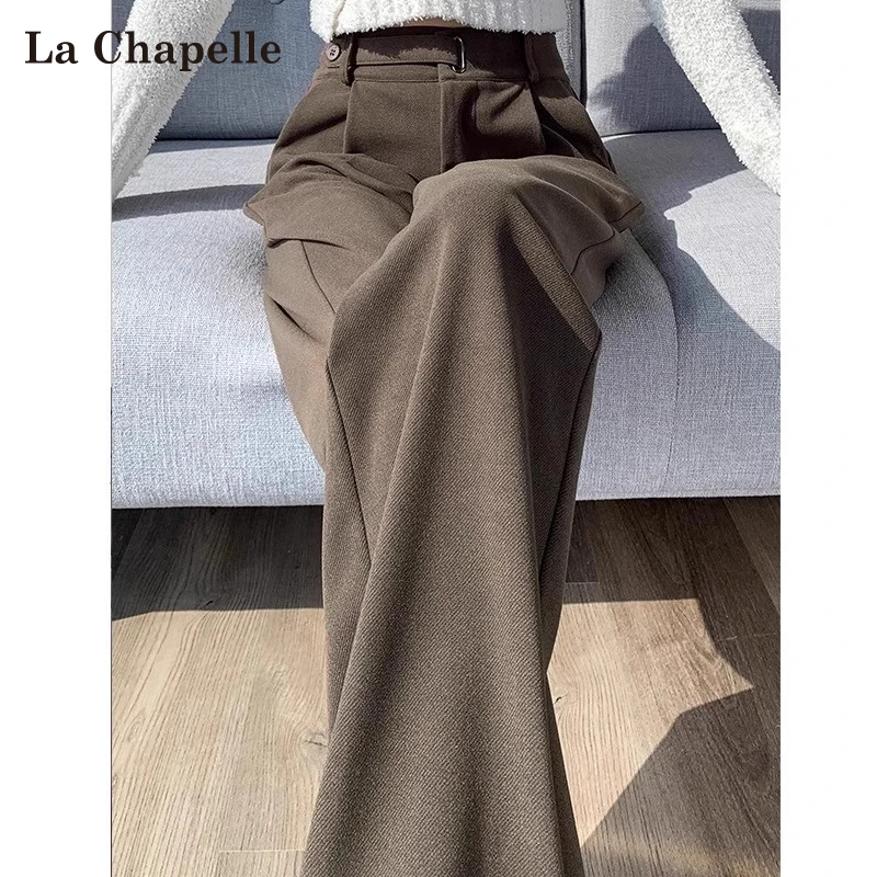 拉夏贝尔咖色毛呢西装休闲裤女秋加绒高级感小个子直筒窄版阔腿裤