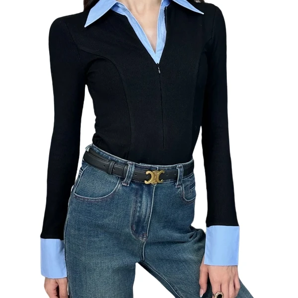 拼色假两件Polo领短款长袖衬衫女修身显瘦高级感气质上衣打底衫