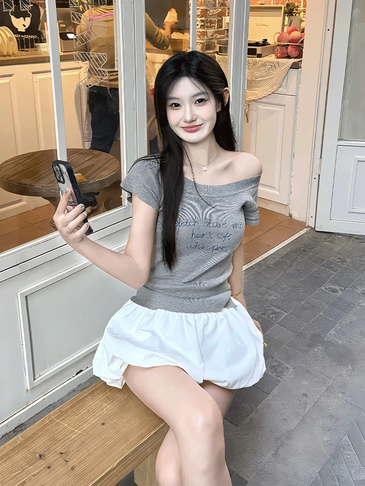 韩系纯欲风一字肩短袖t恤女夏季甜辣妹修身显瘦小众别致绝美上衣