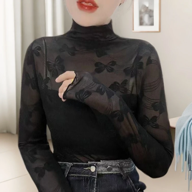 杏色半高领木耳边网纱打底衫女爆款2024新款秋冬长袖提花薄款上衣