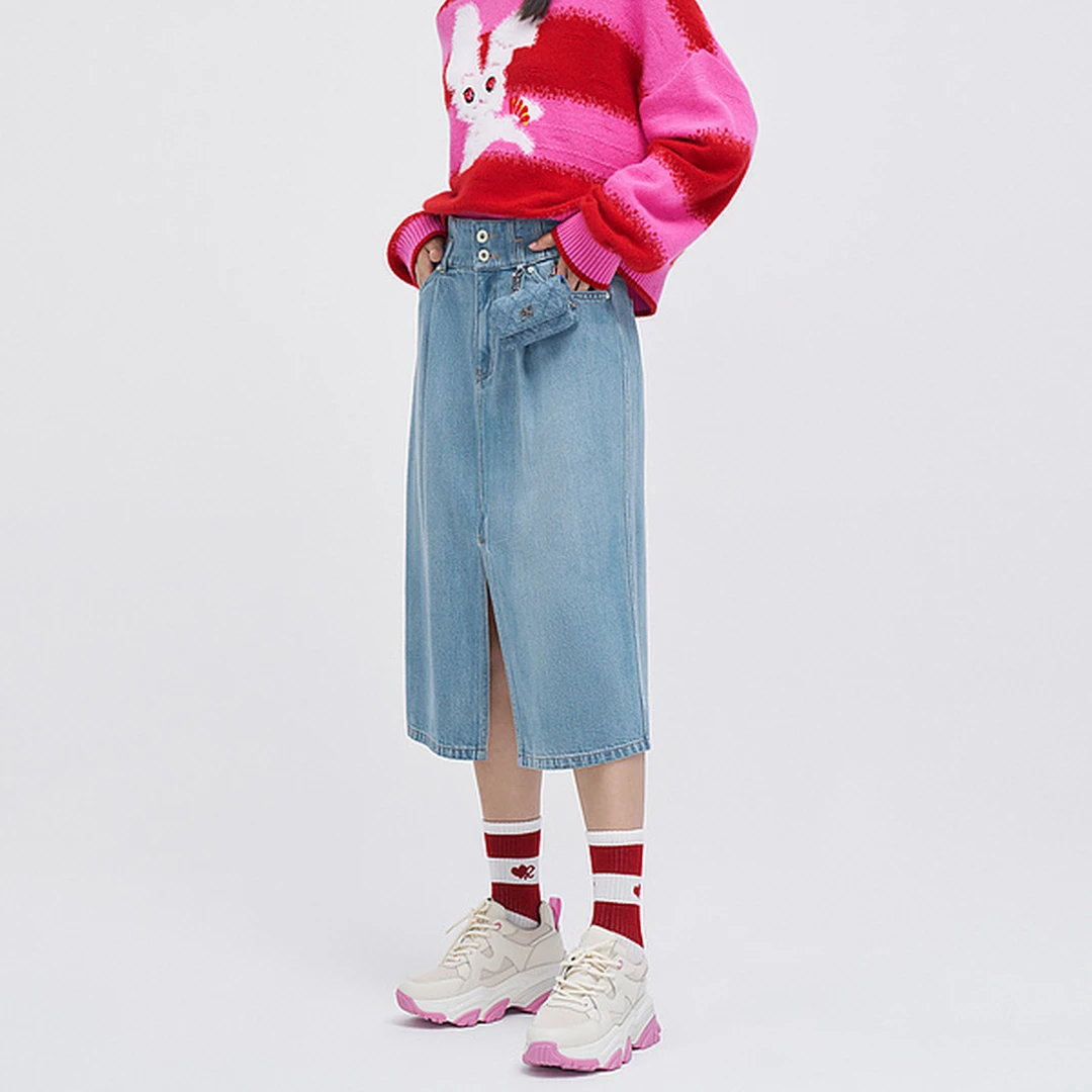 宽松型夏季字母常规款潮流时尚前开叉牛仔半裙裙子-593