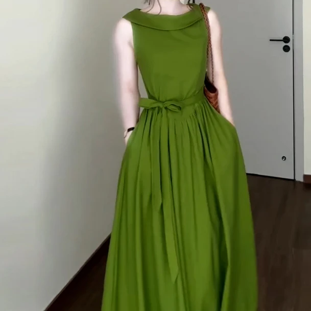 3309夏新款法式高级感复古赫本风无袖气质连衣裙女绿色设计感长裙
