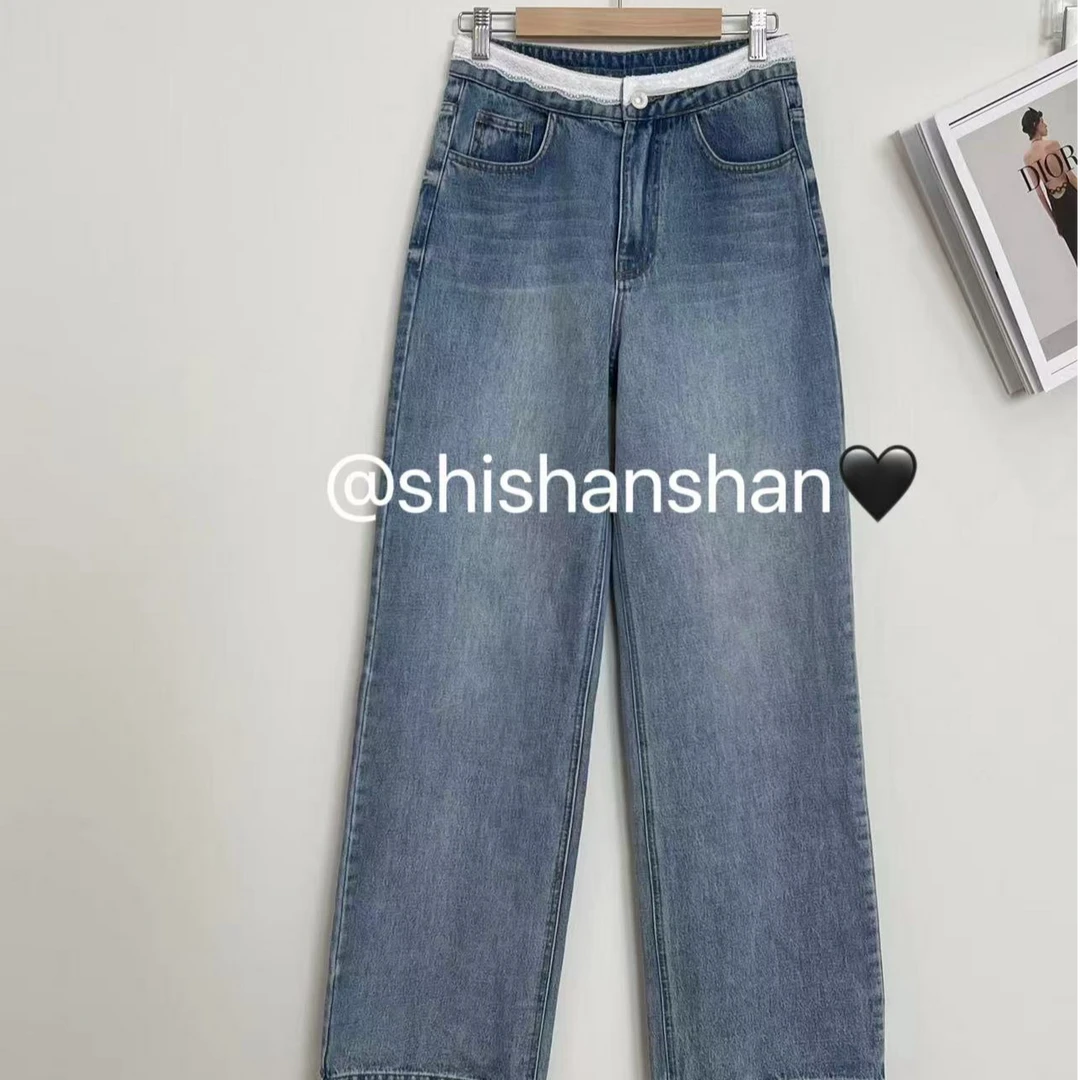 2025新款百搭腰口拼接蕾丝休闲显瘦直筒牛仔裤