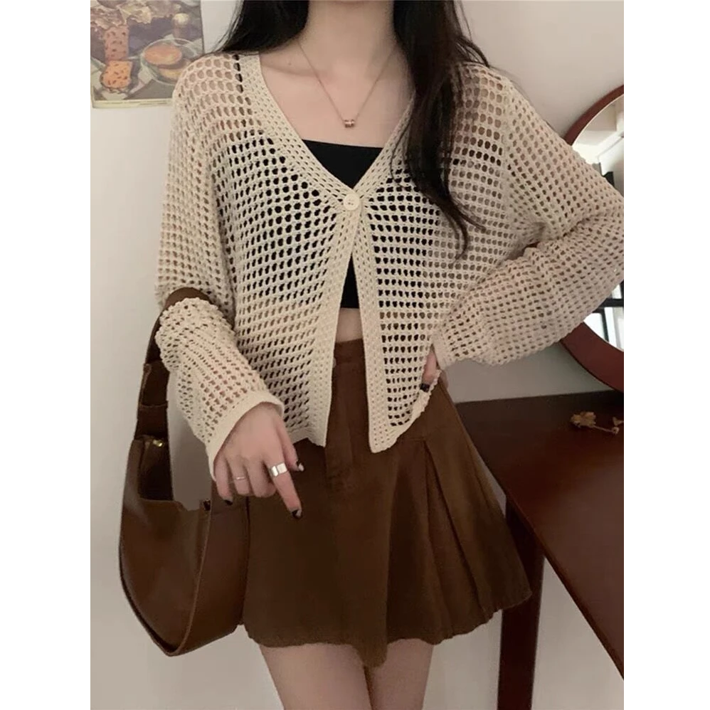 春夏慵懒风V领镂空针织罩衫女宽松短款时尚外穿空调防晒开衫外套