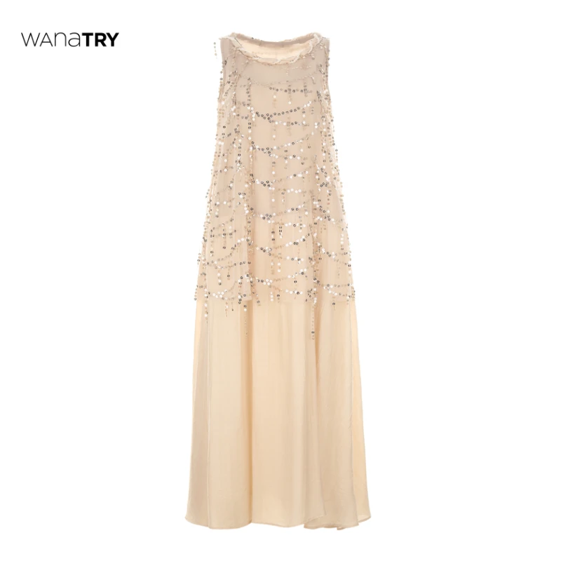 Wanatry浮金杏领口扭结珠链珠片网纱拼肌理感连衣裙【达人】