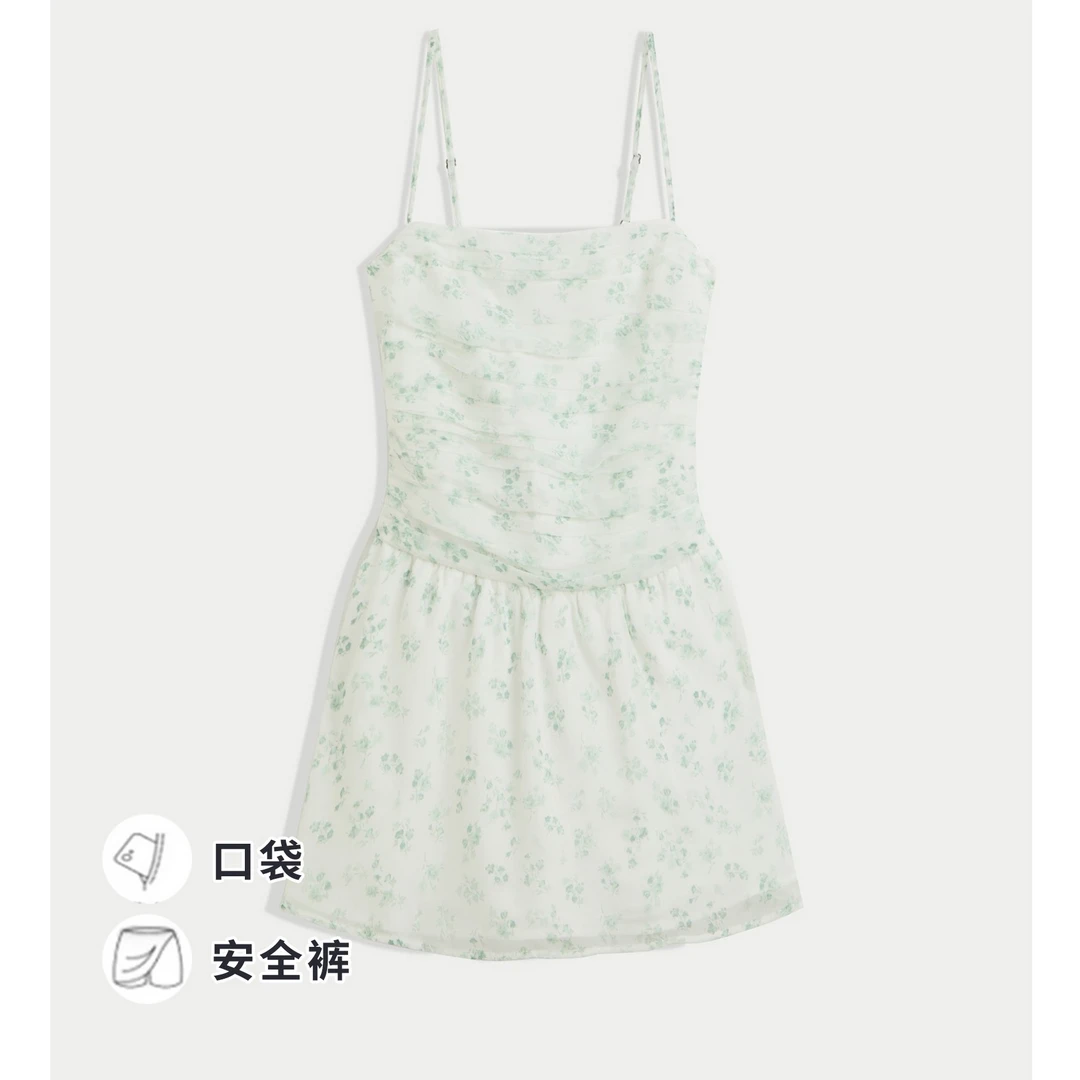 Hollister25夏甜辣褶皱碎花雪纺吊带连衣裙裤女装KI359-5361