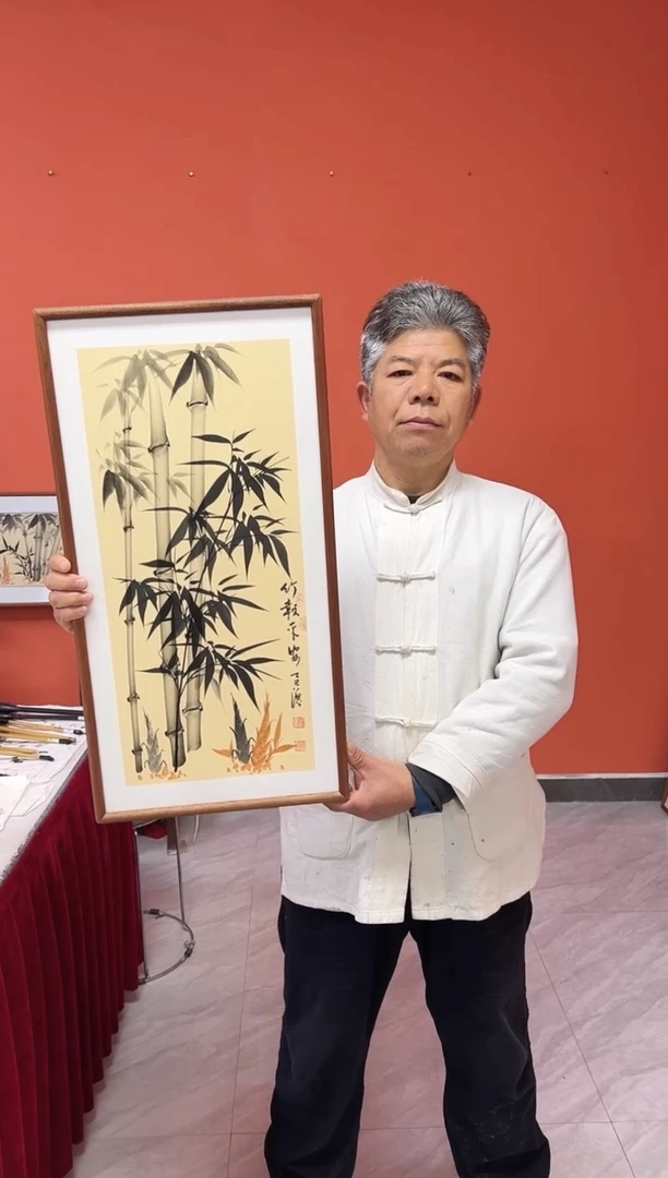 书法张富民手绘作品/竹报平安//古宣（乌檀木外框）35*70cm左右