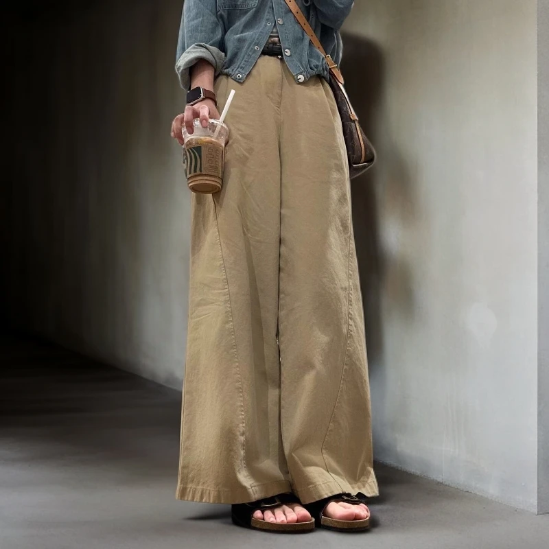 慵懒风卡其色阔腿裤子秋季新款胖mm大码宽松显瘦直筒百搭休闲长裤