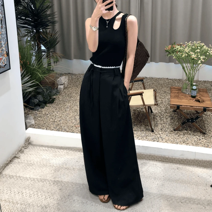 设计感针织吊带背心显瘦无袖上衣.2025夏季打底高弹镂空圆领弹力