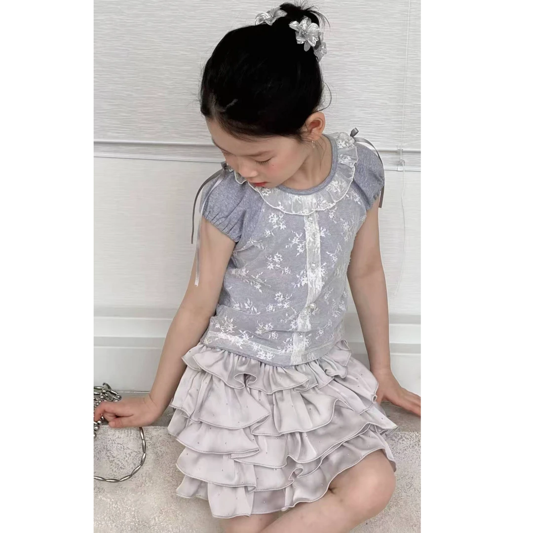 Alice* 729* 茉莉岛女童夏季灰色蛋糕短裙