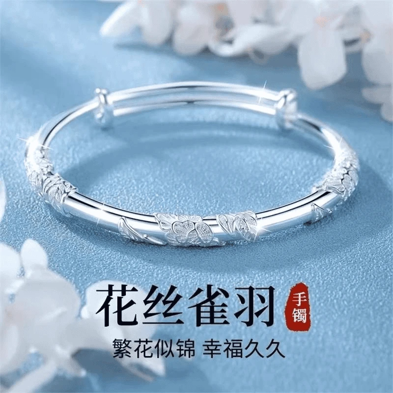 足银手镯 繁花似锦推拉纯银999手镯女实心款闺蜜百搭首饰时尚经典