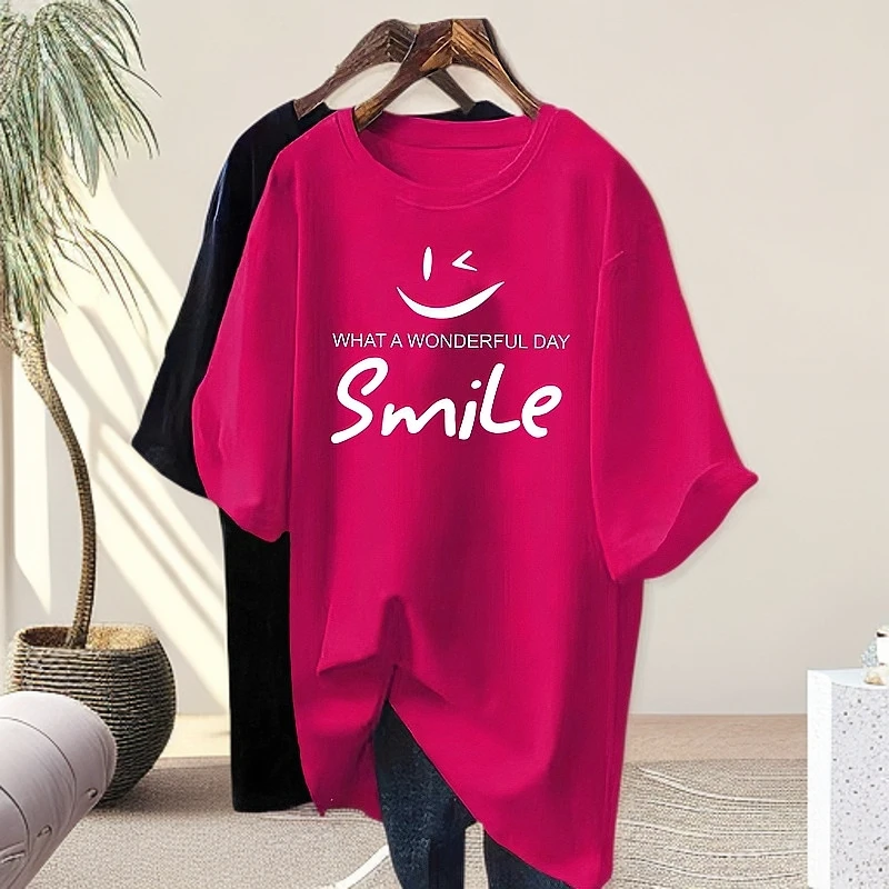 纯棉火龙果色短袖t恤女新款爆款洋气宽松长款韩版大码简约显瘦T恤