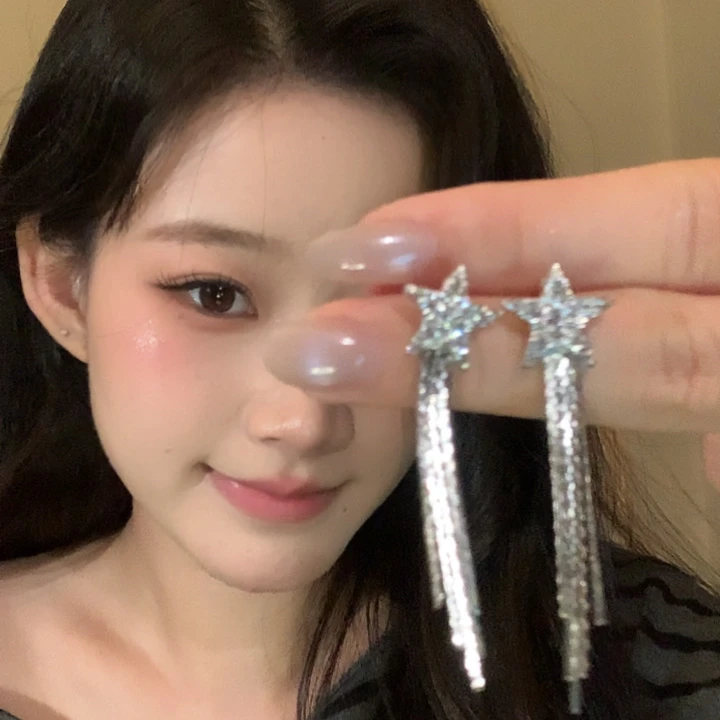 合金耳饰 冬季耳饰长款流苏百搭时尚耳环日韩银色星星设计感