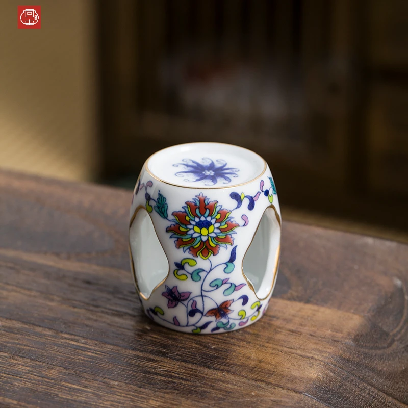 双色菊花玲珑鼓凳青花盖置盖置盖托茶具配件散件TC-FL0004