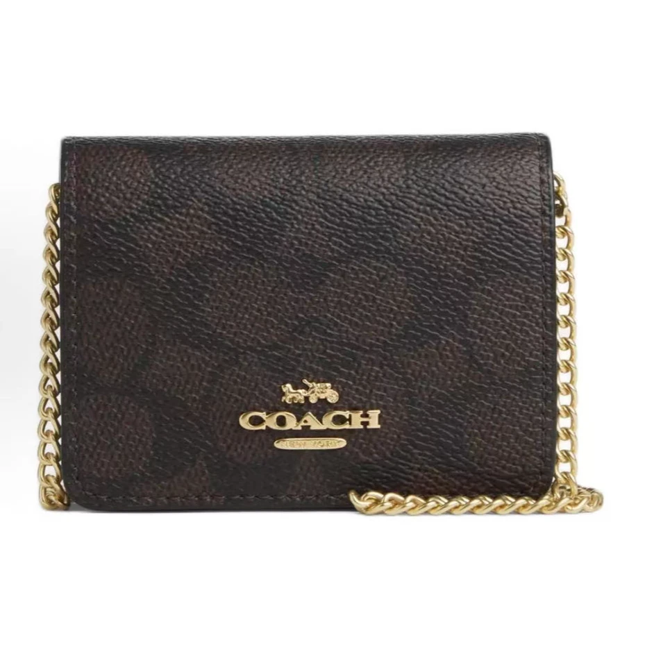 COACH/蔻驰女士经典休闲深棕老花链条卡包零钱包斜挎包10*2.5*8cm