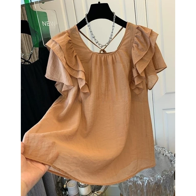 2024年夏季设计感法式复古褶皱荷叶边一字肩宽松显瘦女装雪纺衫潮