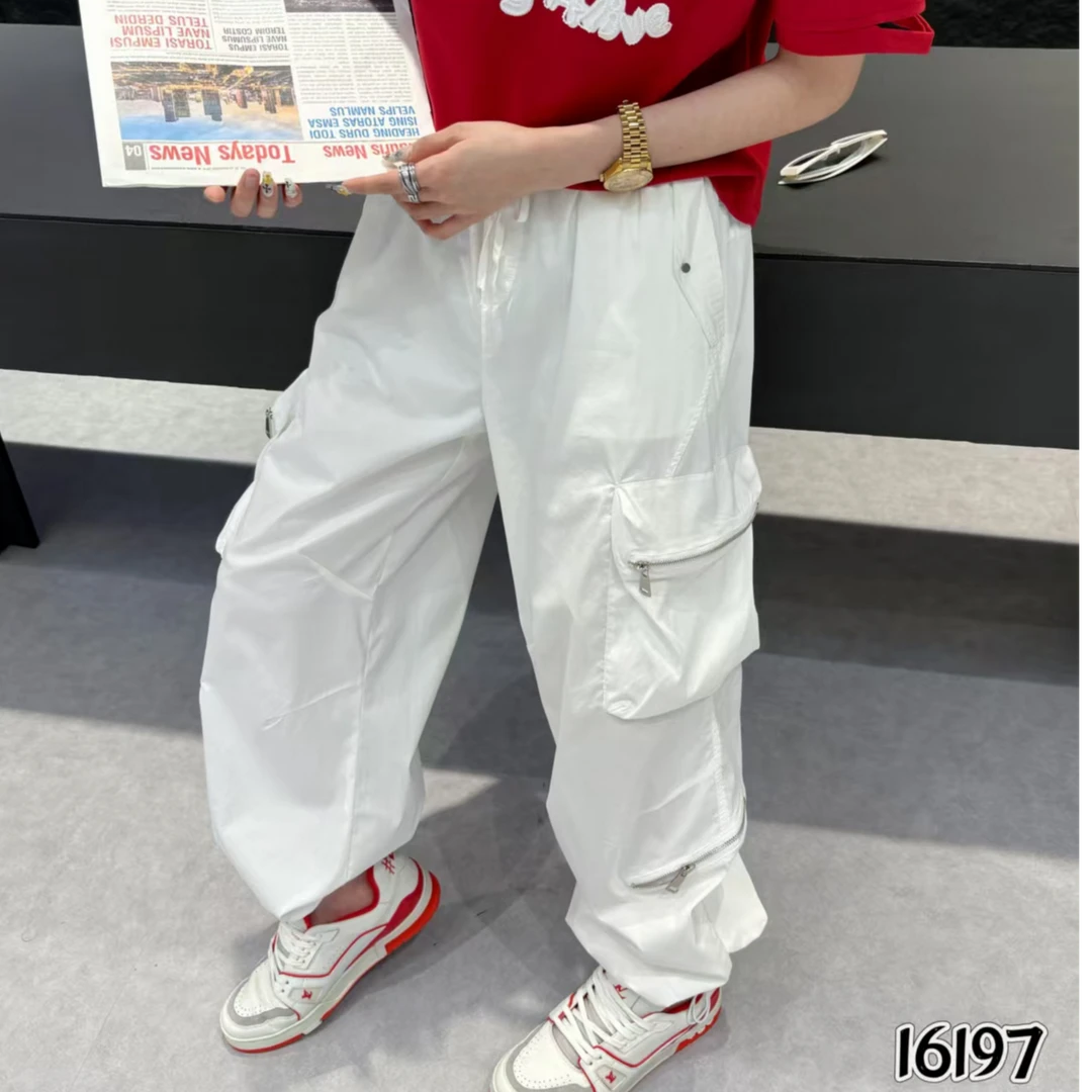 D16197夏季新款宽松显瘦百搭休闲薄款大口袋拉链工装裤