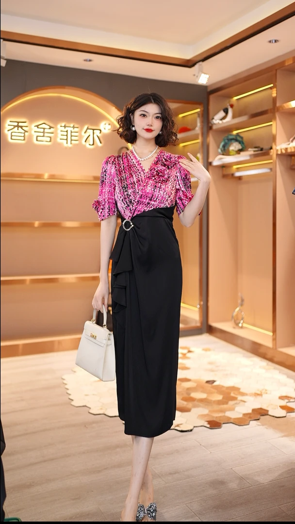 【香舍菲尔】85095夏季款撞色时尚气质包臀修身轻奢女装连衣裙-玲