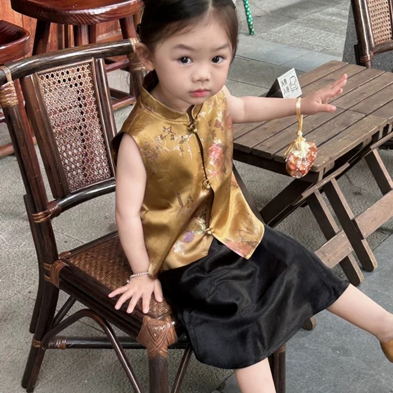 现货壹妈中国风女童新中式套装2025夏季儿童唐装汉服咖色马甲背心