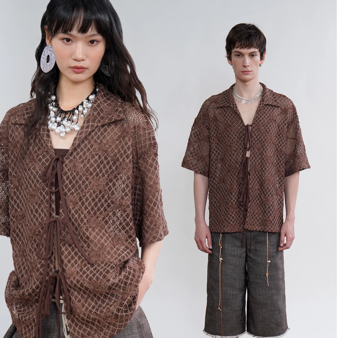 OU by ORAL UTOPIA镂空蕾丝古巴领系带衬衫性感度假老钱肌理上衣