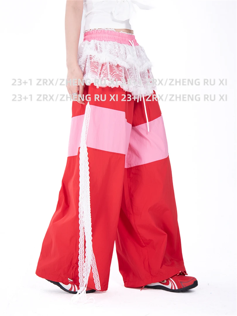 付新博女装拼接蕾丝裙摆休闲裤女小众设计撞色阔腿裤长裤13822