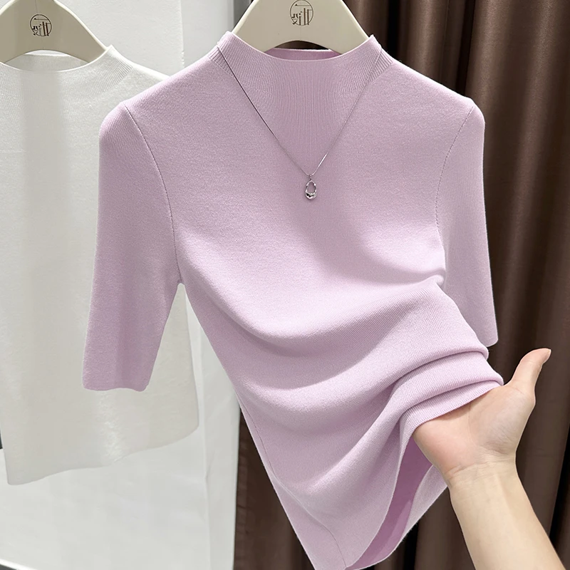 超好看紫色小高领中袖t恤女轻熟御姐高级感修身针织内搭时尚上衣