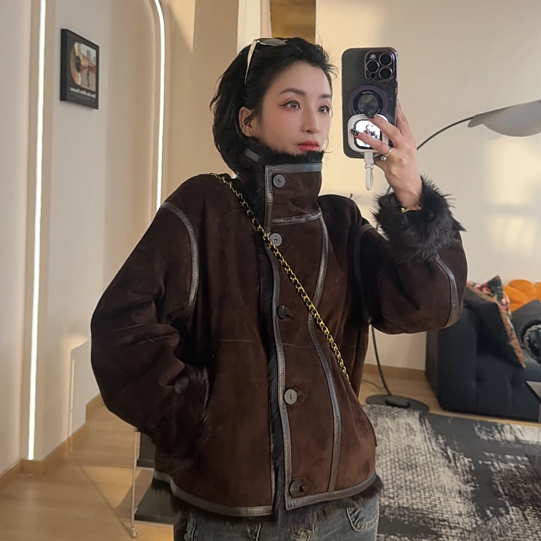 QISHI 进口小山羊绒面猾子毛羊皮毛一体立领轻奢老钱风单排扣皮草