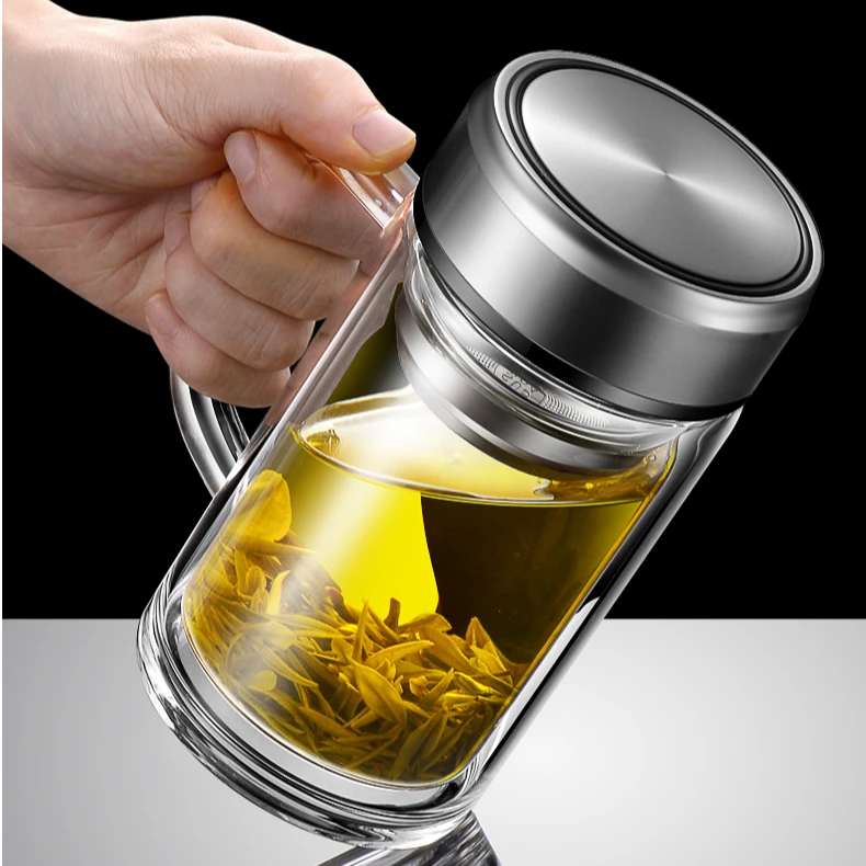 双层玻璃纯色办公杯泡茶带把手玻璃杯便携高档透明喝水杯带盖家用