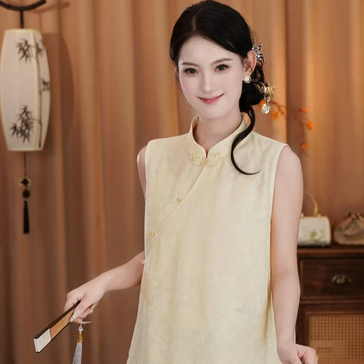 〘素锦雅衣〙中式桑蚕丝三经绞罗提花薄款斜襟茶服 无袖千金风