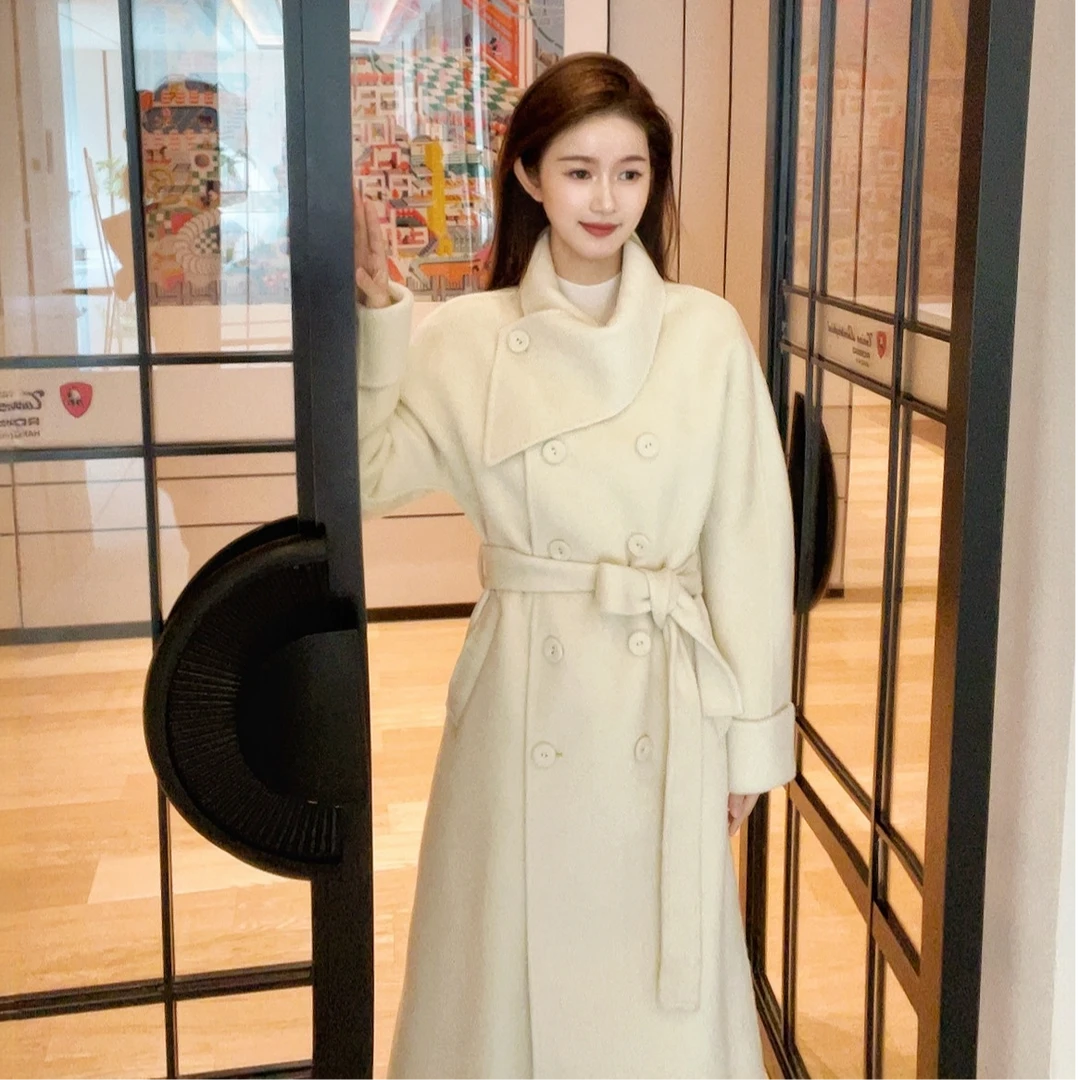 ZLeays林小允-赫本纪元-双面羊毛长款双排扣系带显瘦大衣XMXY370