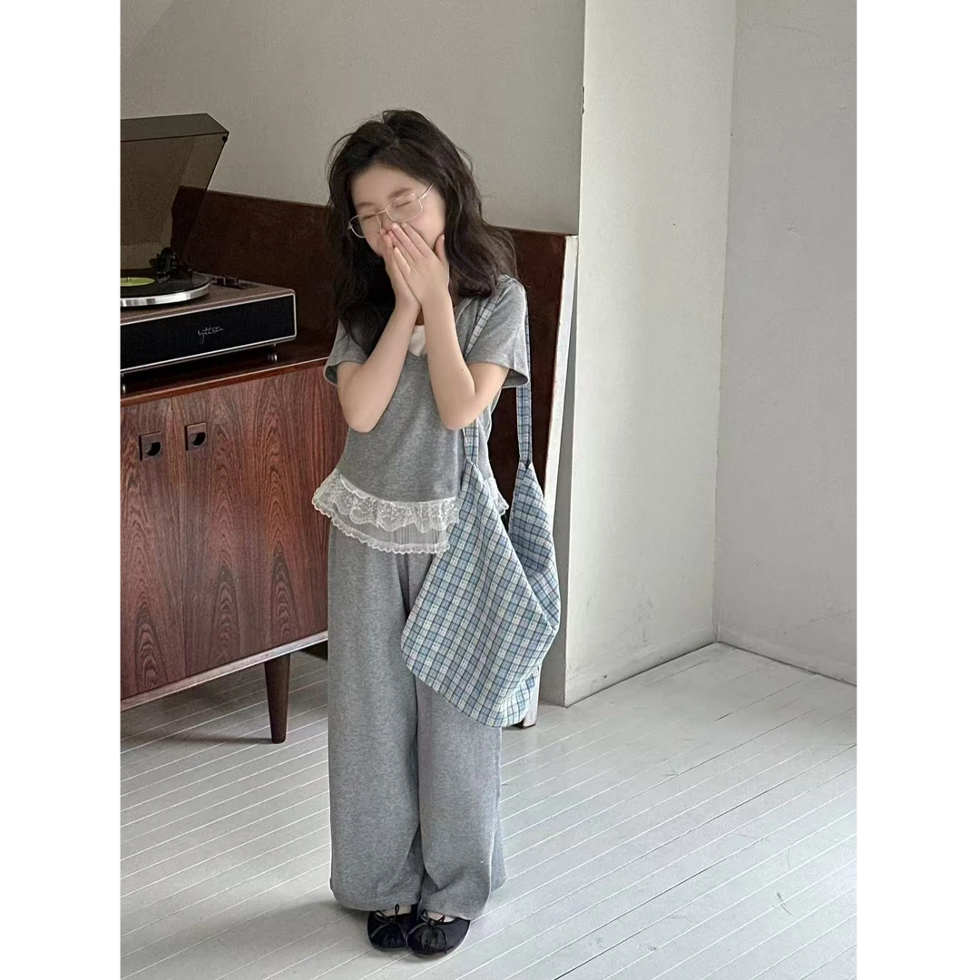 2025夏款新品女童装韩版花边假两件连帽T恤阔腿裤两件套套装76577