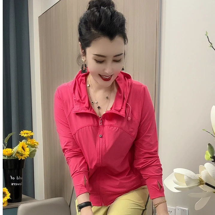5801冰爽舒适高弹显瘦夏季女士冰丝连帽防晒衣长袖运动短款时尚
