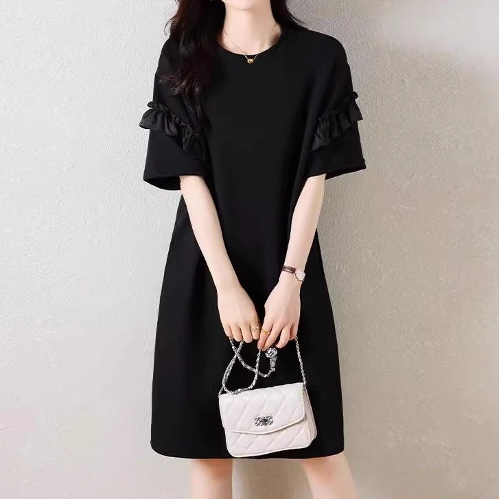 木耳边法式赫本小黑裙女夏季大码女装短袖T恤裙子高端精致连衣裙