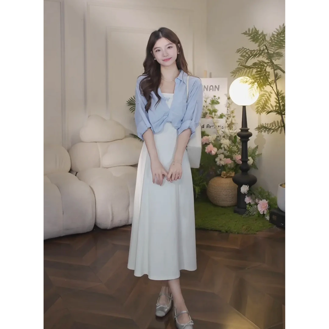 【心动告白】夏季新款时尚通勤气质显瘦小众吊带连衣裙衬衫女两件套